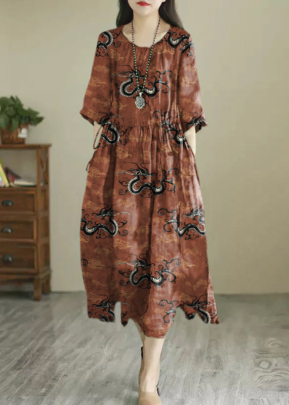 Vintage Brown Dragon O-Neck Print Wrinkled Long Dress Summer