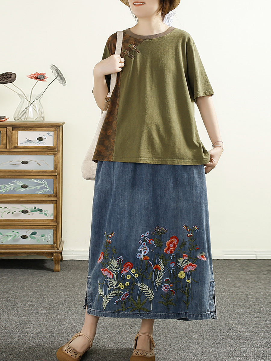 Casual Summer Artsy Embroidery Denim A-Shape Skirt