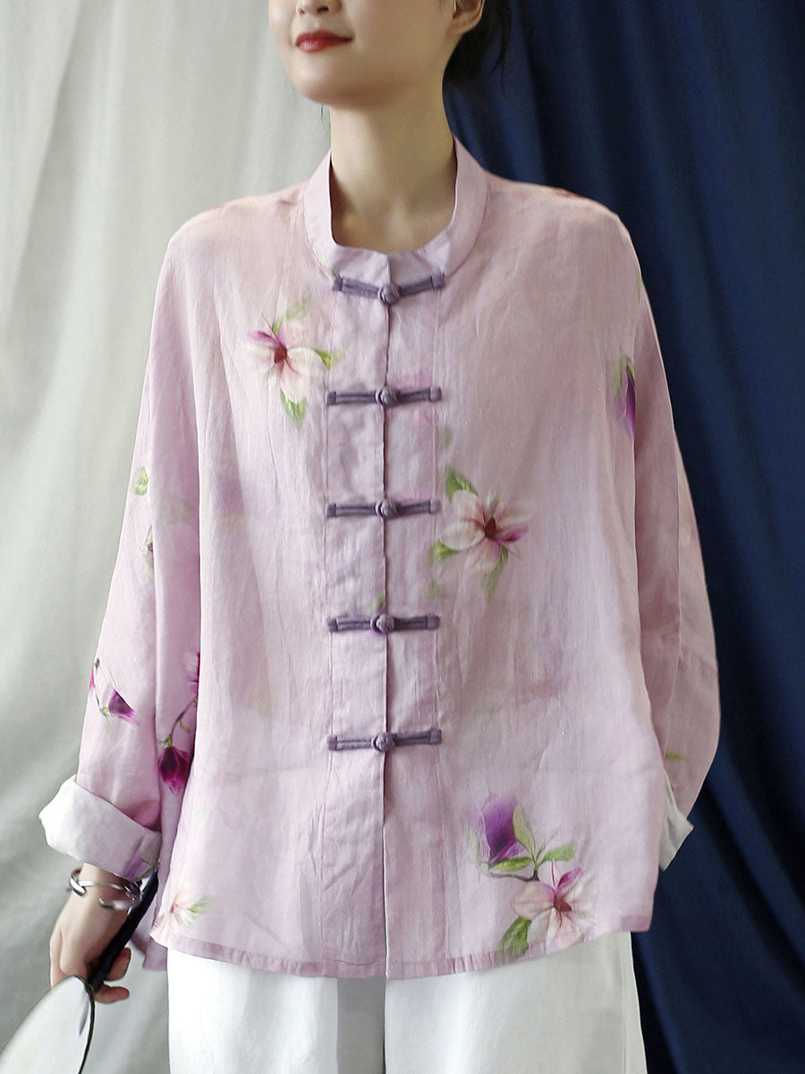 Plus Size Pink Flower Print Ramie Shirt Coat