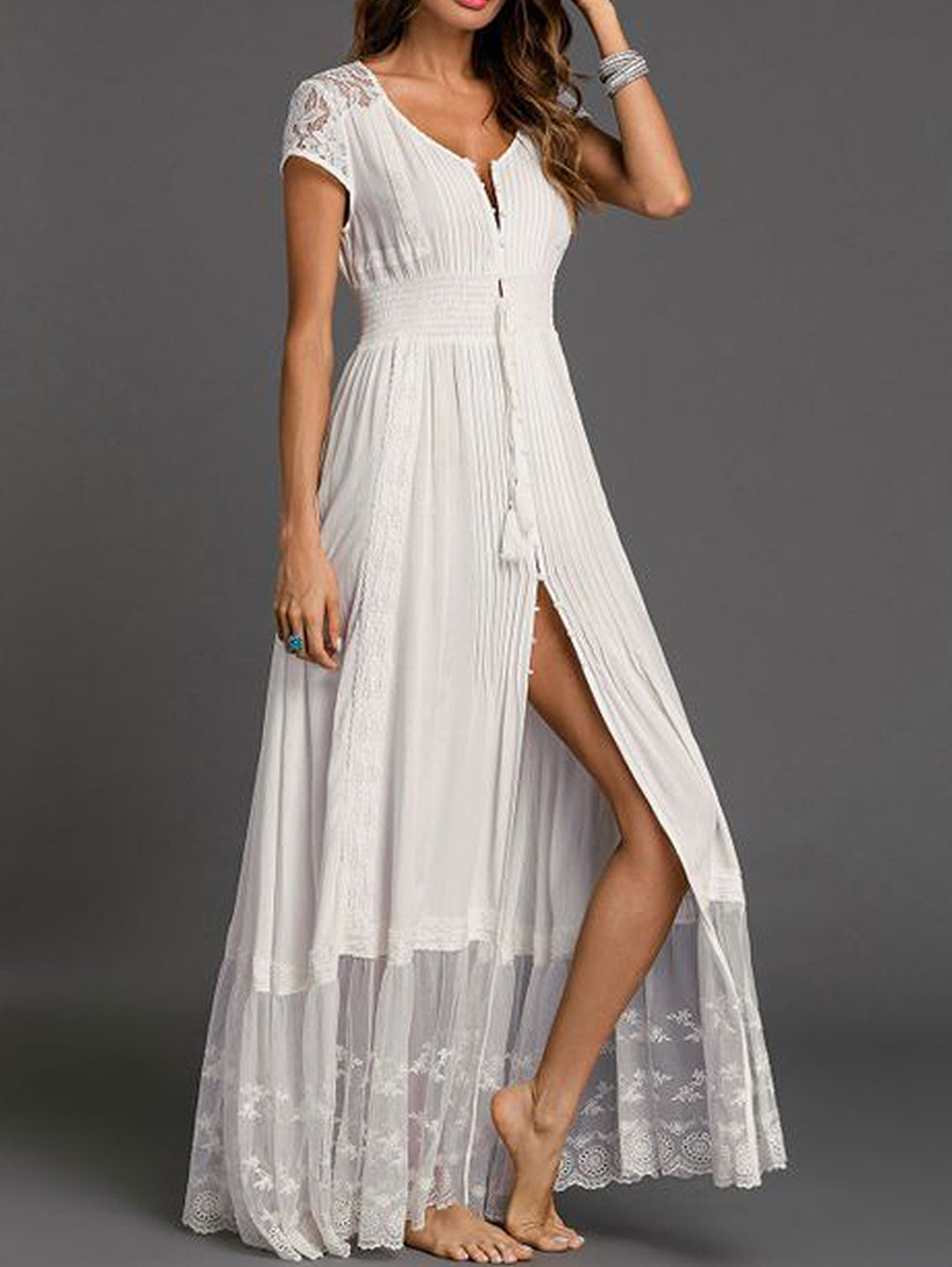 Lace Splicing Fringe Pleated Maxi Dress Short Sleeve