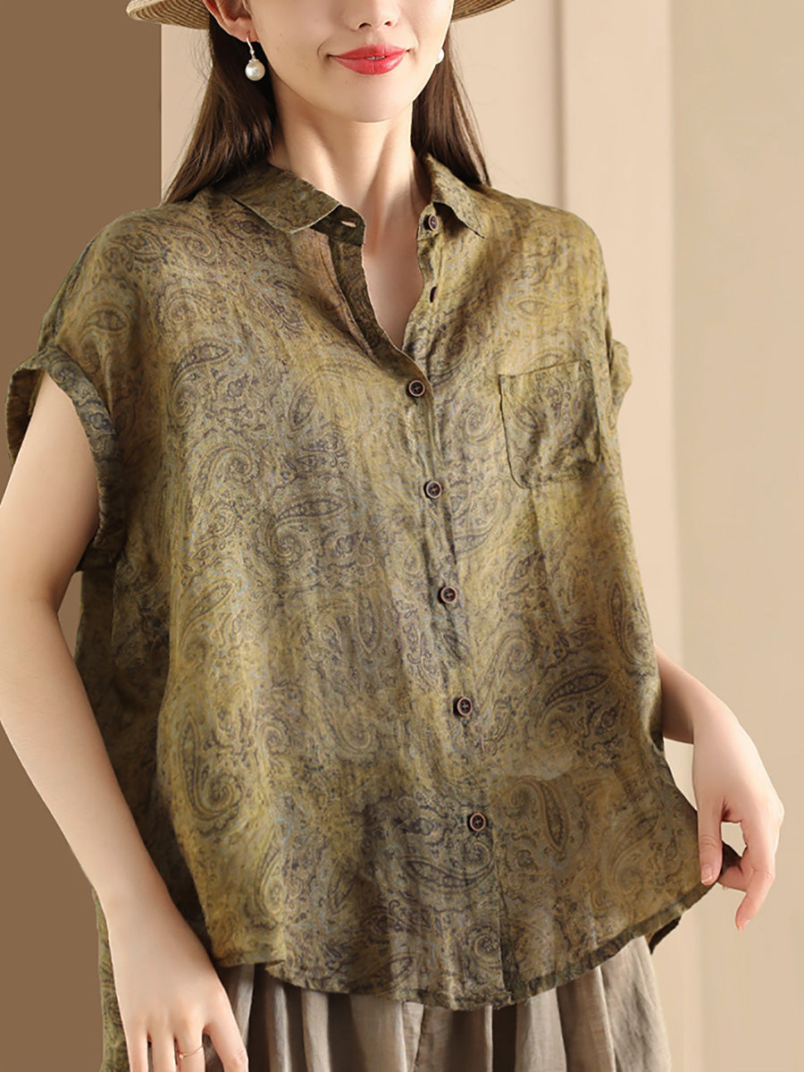 Casual Retro Flower Button-up Ramie Shirt Short Sleeve