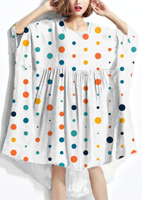 Plus Size White Polka Dots Chiffon Dresses Fine High Waist Batwing Sleeve