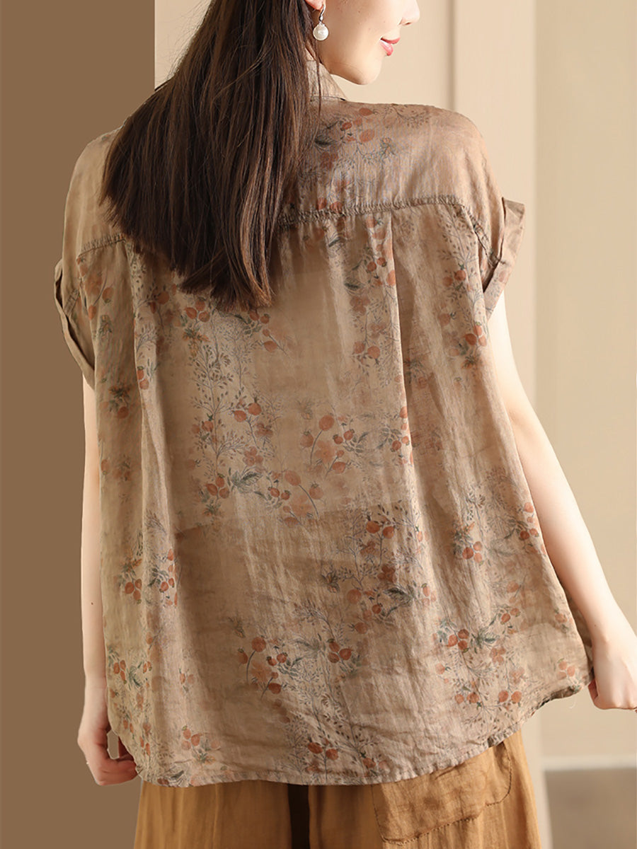 Casual Retro Flower Button-up Ramie Shirt Short Sleeve