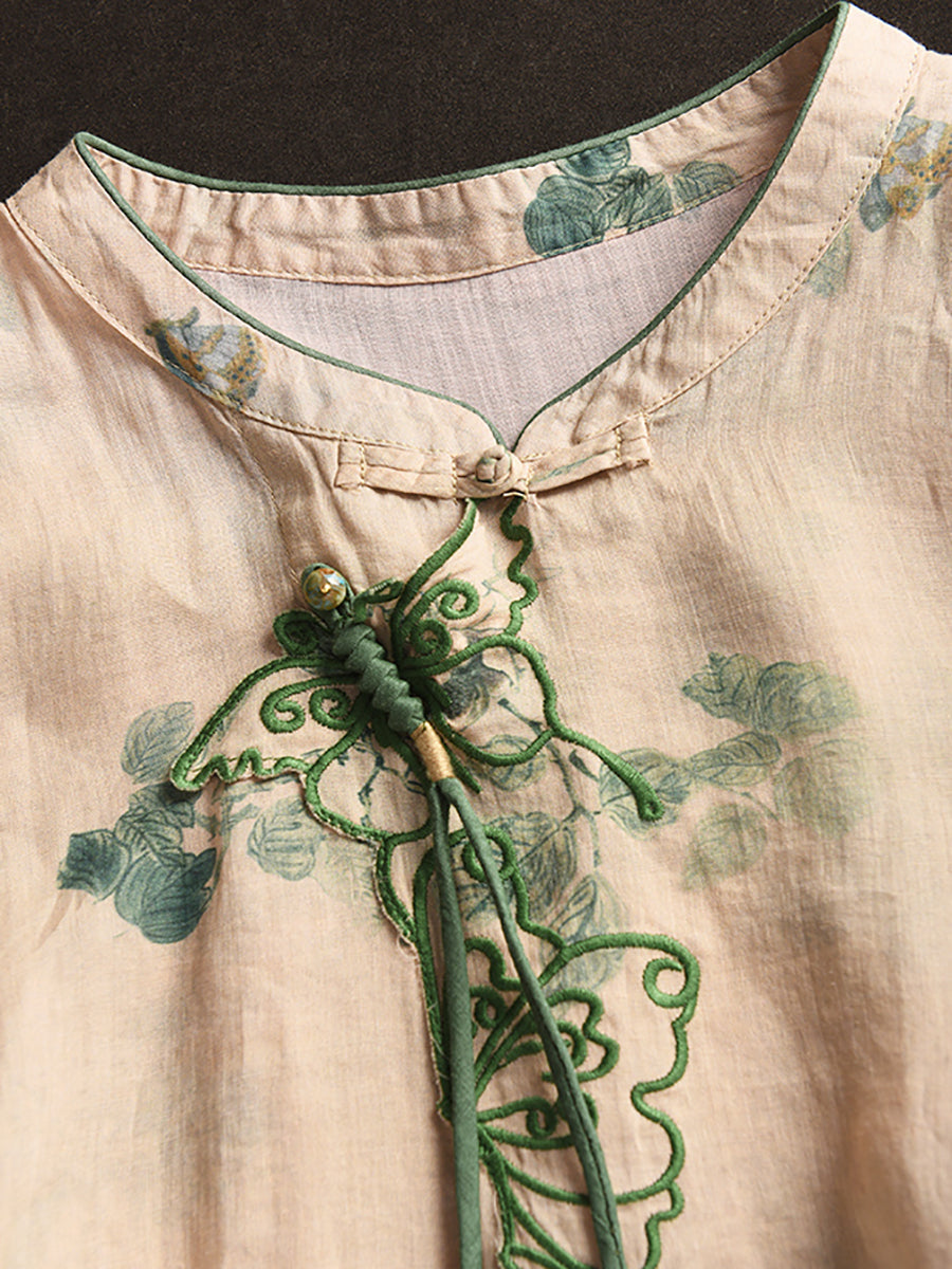 Vintage Casual Butterfly Embroidery Ramie Dress Half Sleeve