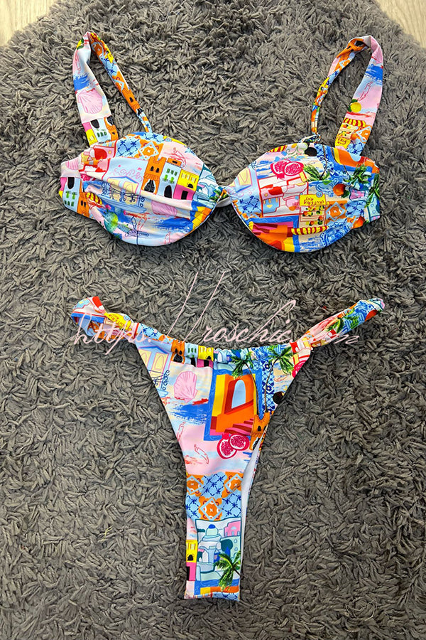 Beach Scenery Print Suspender Bikini