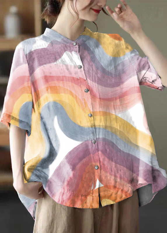 Elegant Colorful Geometry Stand Collar Print Tops Half Sleeve