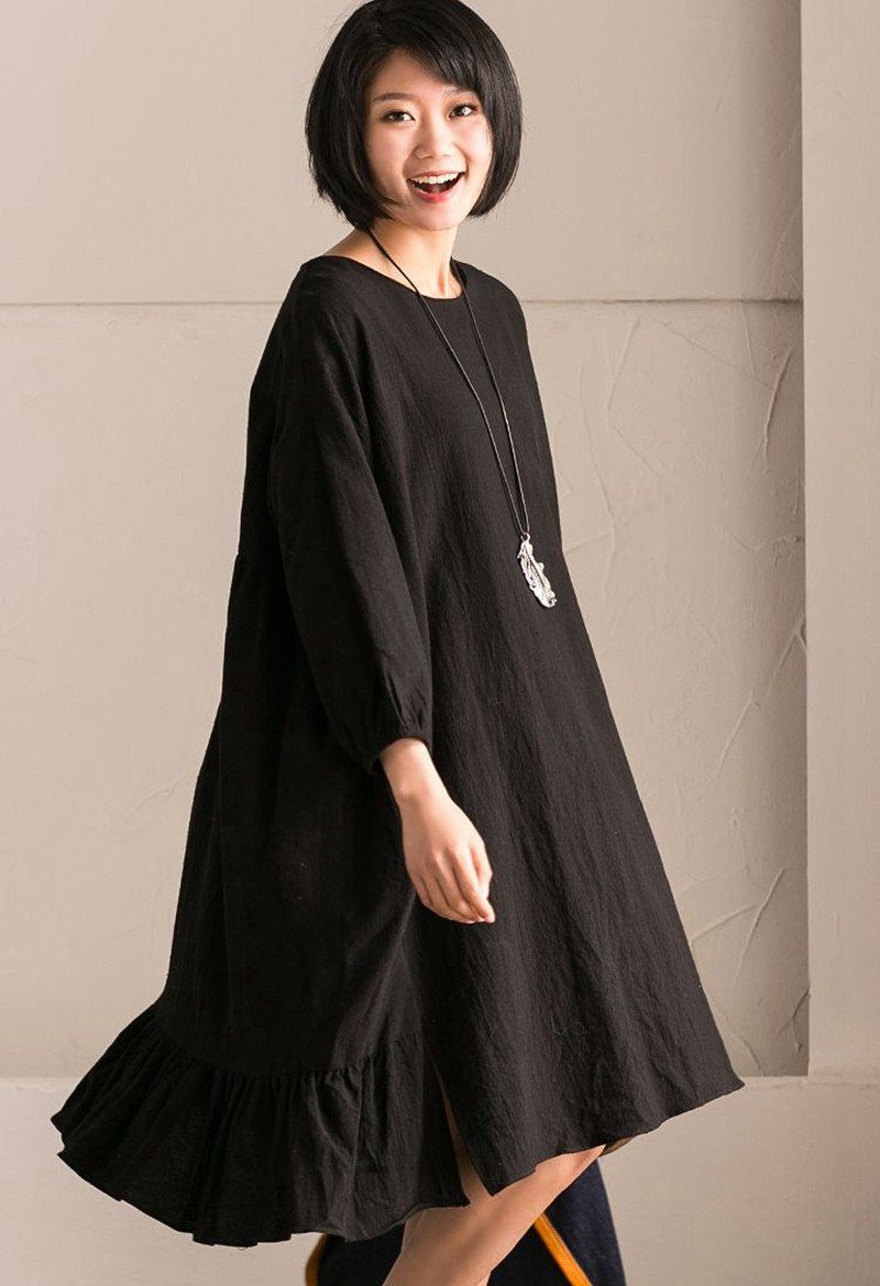 Black Korean Style Cotton Linen Bat Sleeve Round Neck Loose Dress