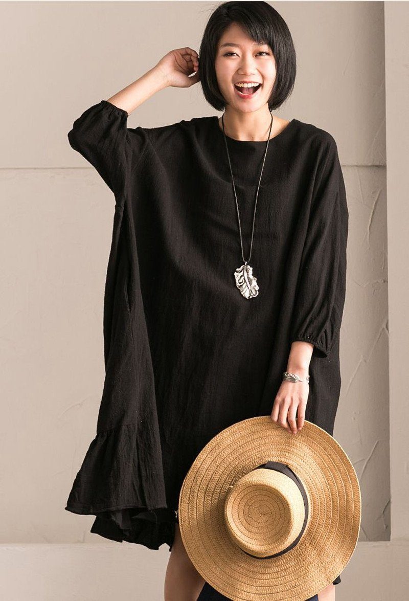 Black Korean Style Cotton Linen Bat Sleeve Round Neck Loose Dress