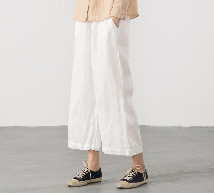 White Solid Color Linen Trousers White Women Slacks Pants