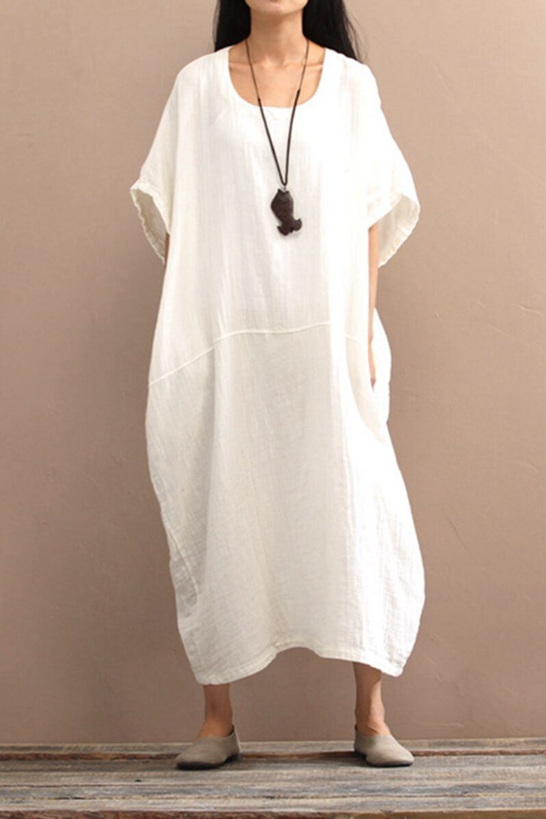 White Loose Cotton Long Dress Plus Size Women Dress