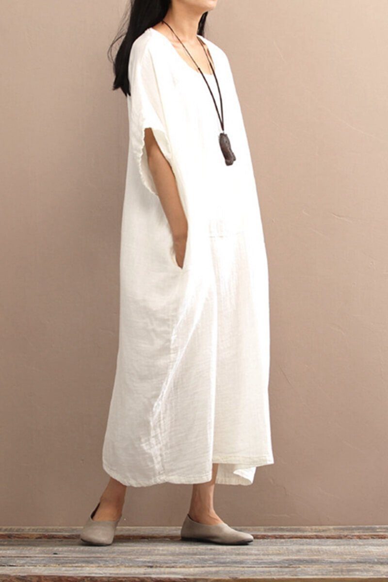 White Loose Cotton Long Dress Plus Size Women Dress