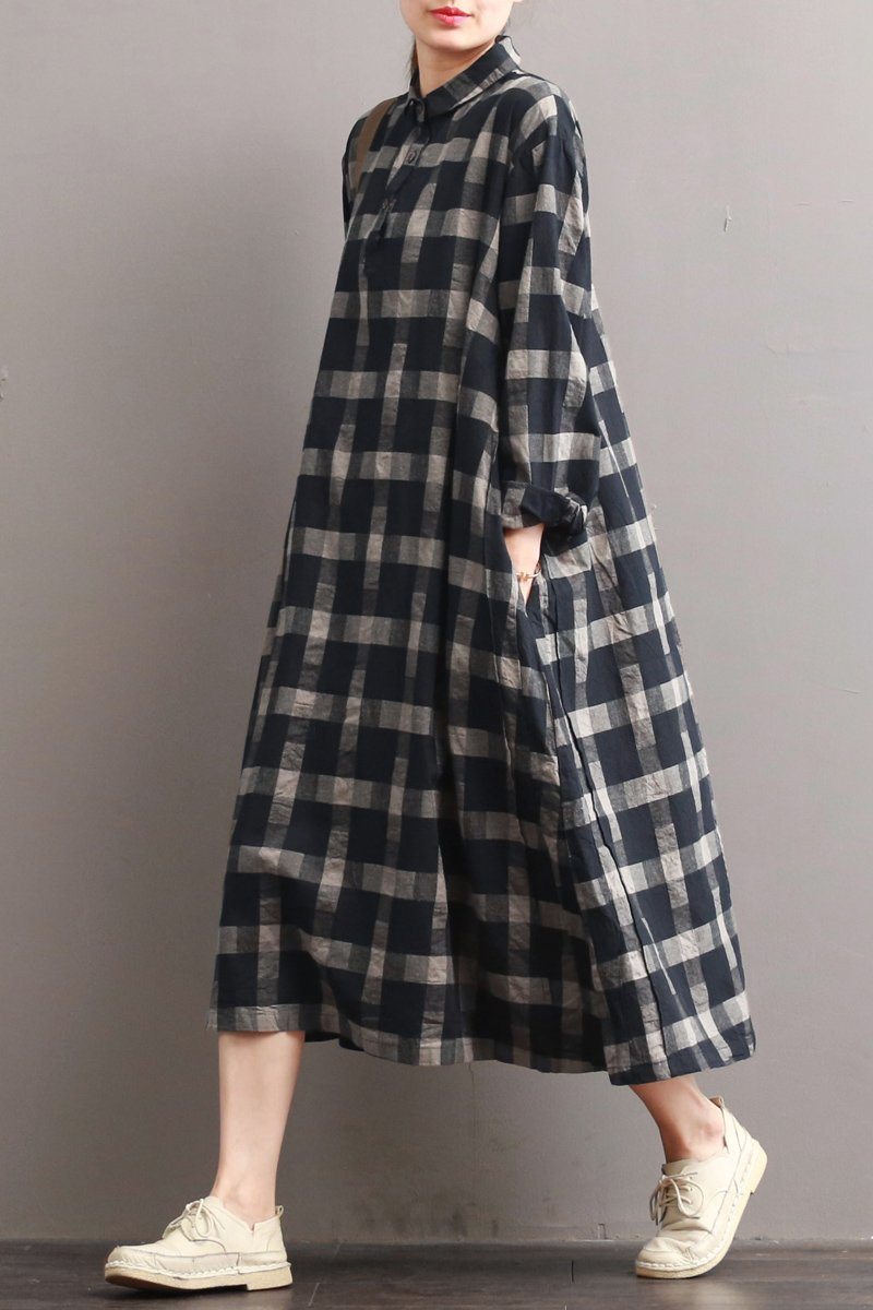 Linen Plaid Casual Loose Shirt Dress Casual Women Dress