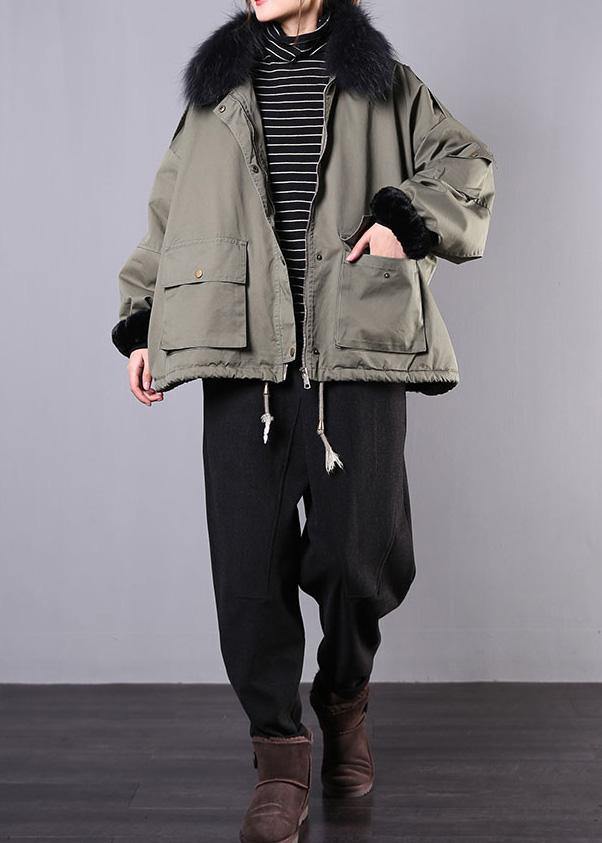 2024 Army Green Casual Outfit Oversize Snow Jackets Pockets Faux Fur Collar Winter Coats