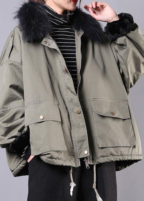 2024 Army Green Casual Outfit Oversize Snow Jackets Pockets Faux Fur Collar Winter Coats