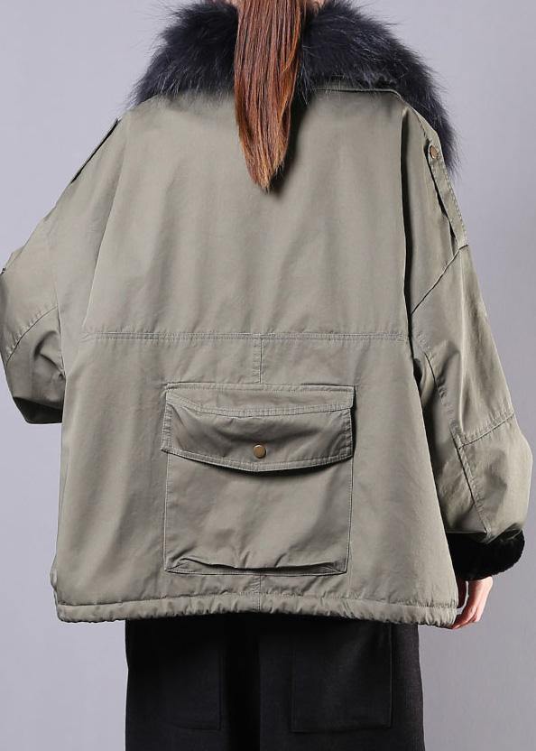 2024 Army Green Casual Outfit Oversize Snow Jackets Pockets Faux Fur Collar Winter Coats