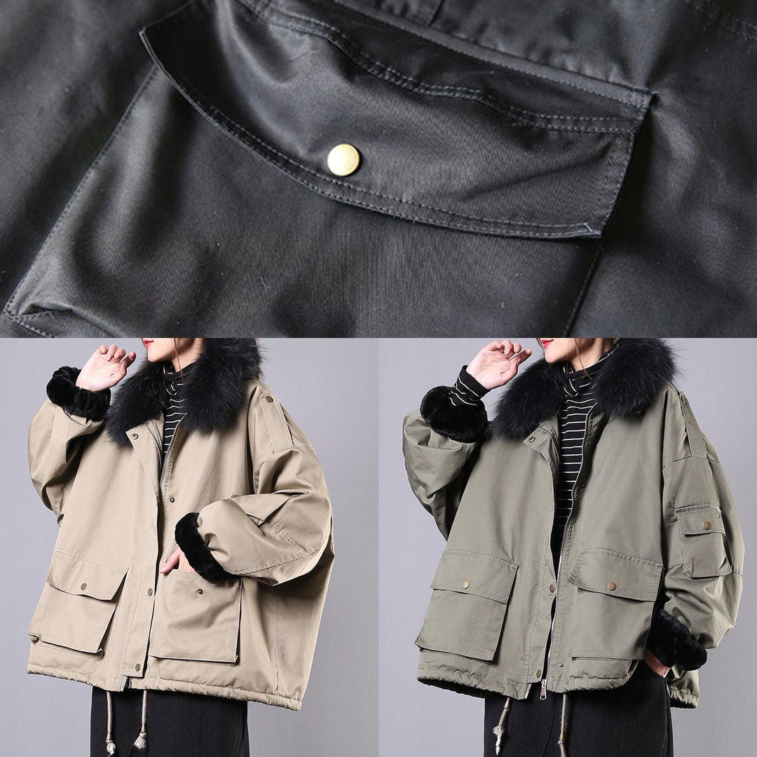 2024 Army Green Casual Outfit Oversize Snow Jackets Pockets Faux Fur Collar Winter Coats