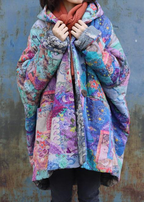 2024 Purple Prints Overcoat Oversized Warm Winter Coat Hooded Patchwork Overcoat