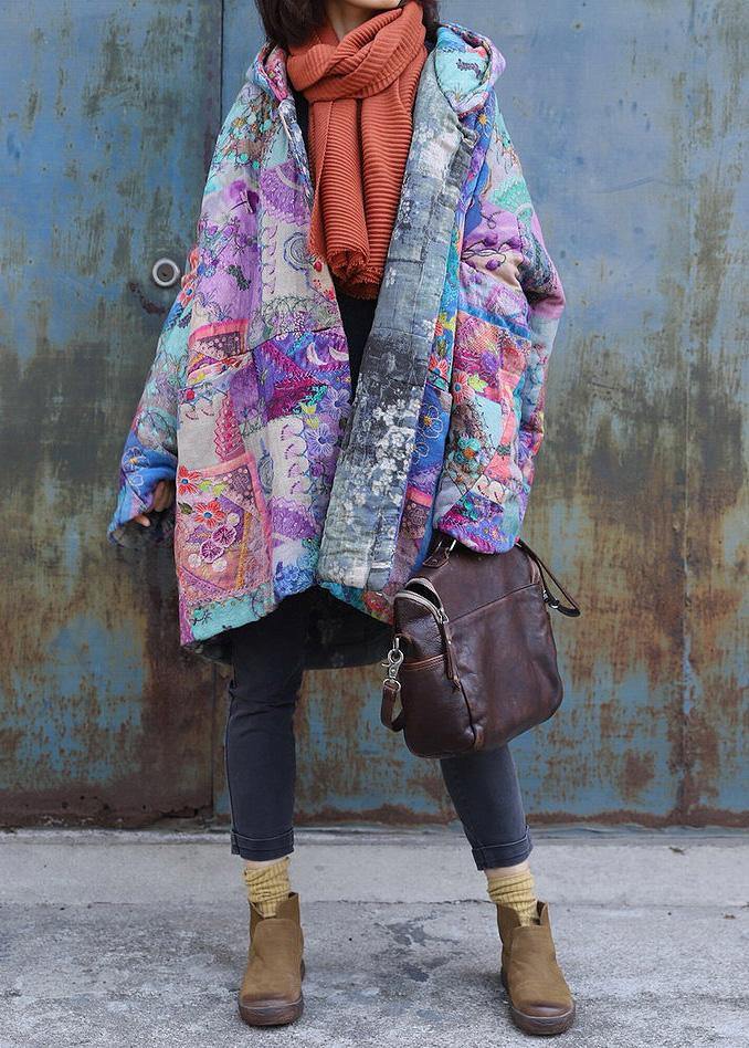 2024 Purple Prints Overcoat Oversized Warm Winter Coat Hooded Patchwork Overcoat