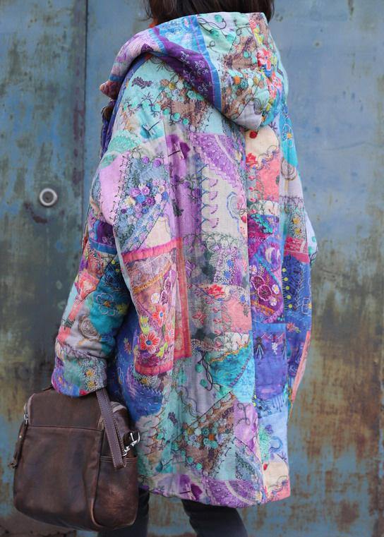 2024 Purple Prints Overcoat Oversized Warm Winter Coat Hooded Patchwork Overcoat