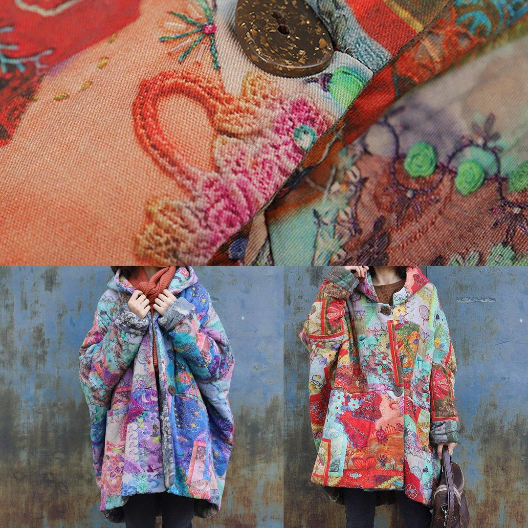 2024 Purple Prints Overcoat Oversized Warm Winter Coat Hooded Patchwork Overcoat