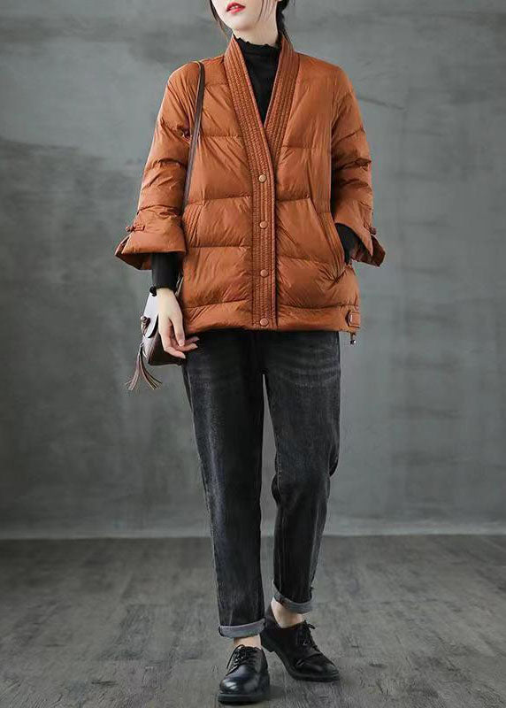 Caramel V Neck Button Thick Winter Duck Down Jackets