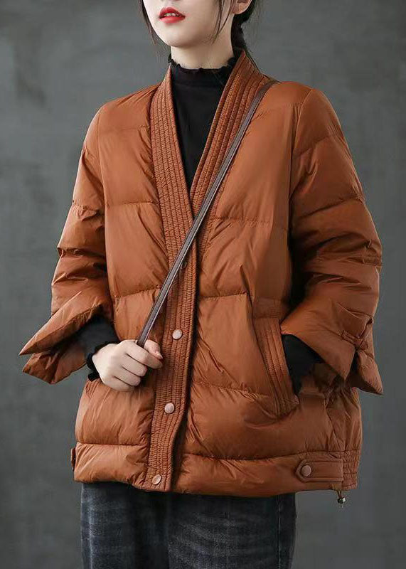 Caramel V Neck Button Thick Winter Duck Down Jackets