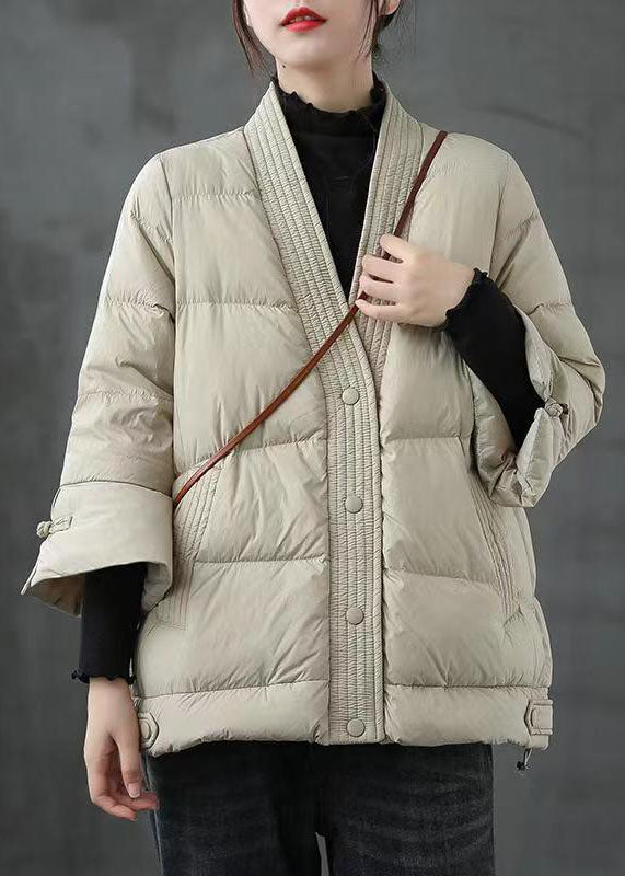 Caramel V Neck Button Thick Winter Duck Down Jackets