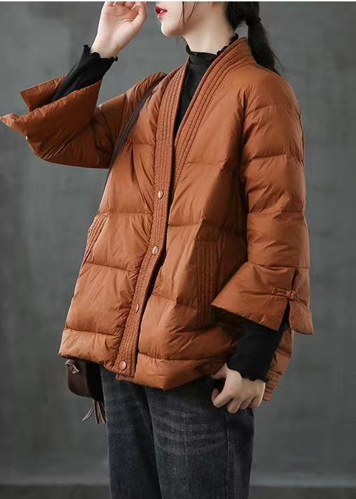 Caramel V Neck Button Thick Winter Duck Down Jackets