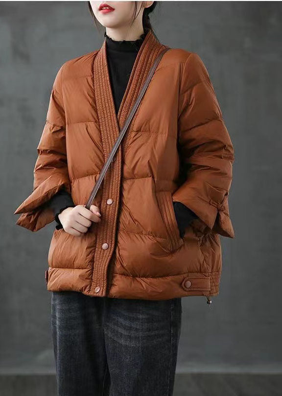 Caramel V Neck Button Thick Winter Duck Down Jackets