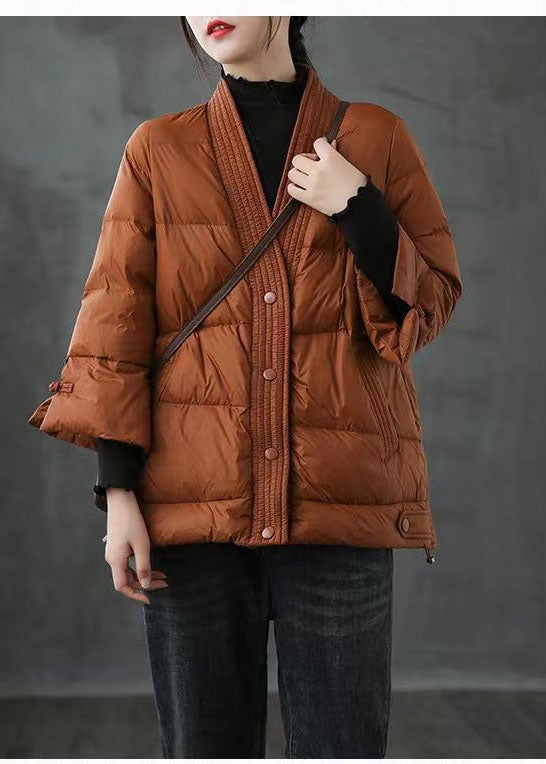 Caramel V Neck Button Thick Winter Duck Down Jackets