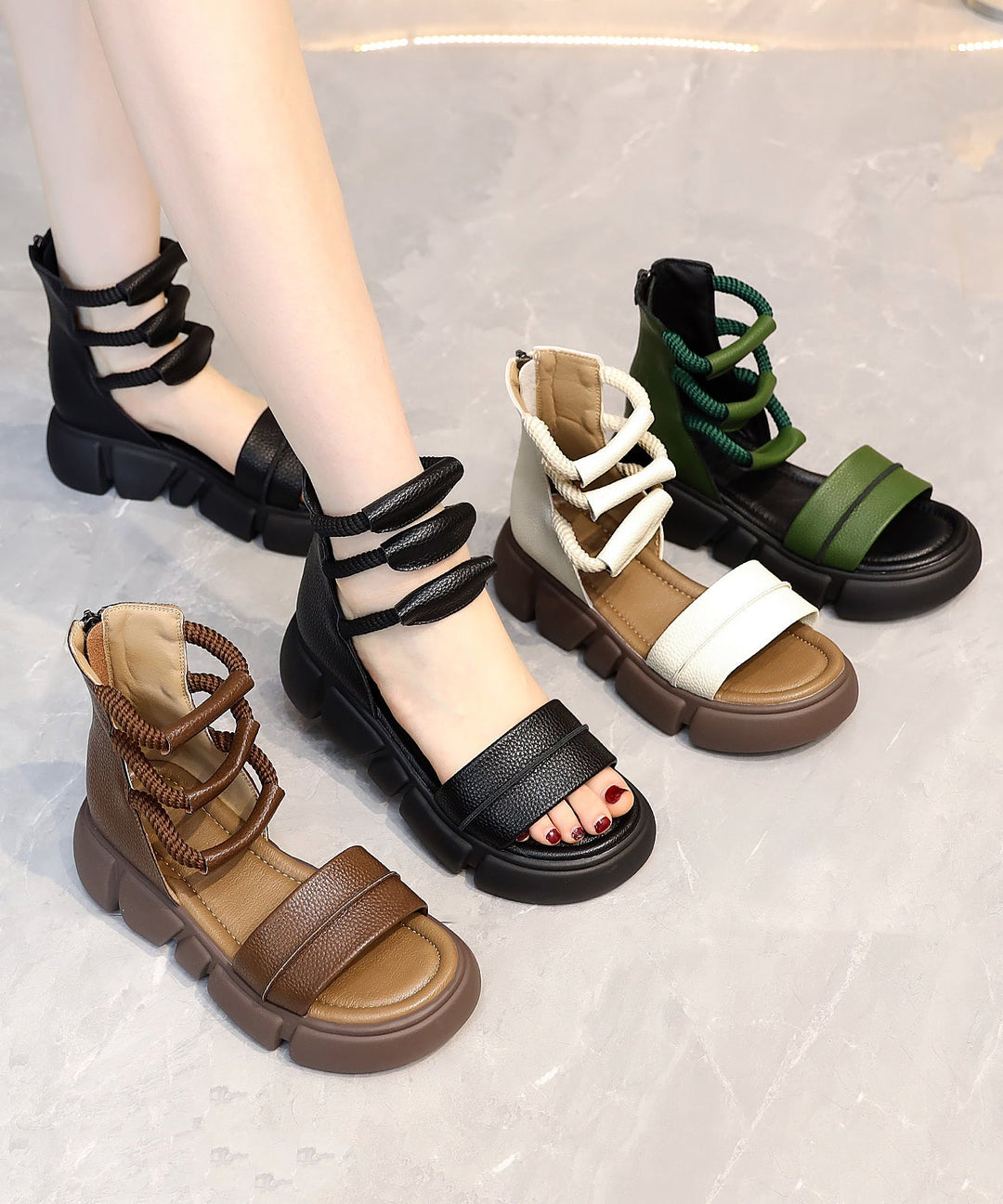 2024 Brown Open Toe Platform Sole Casual Roman Cool Boots