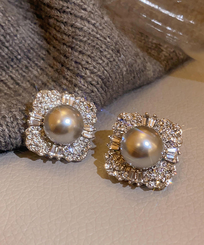 2024 New Grey Alloy Pearl Zircon Stud Earrings