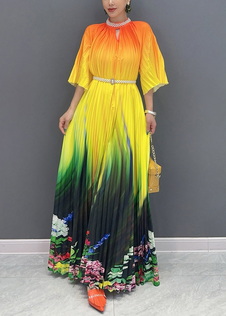 2024 Summer Fashion Orange Yellow Color Blocked Long Pleated Dress