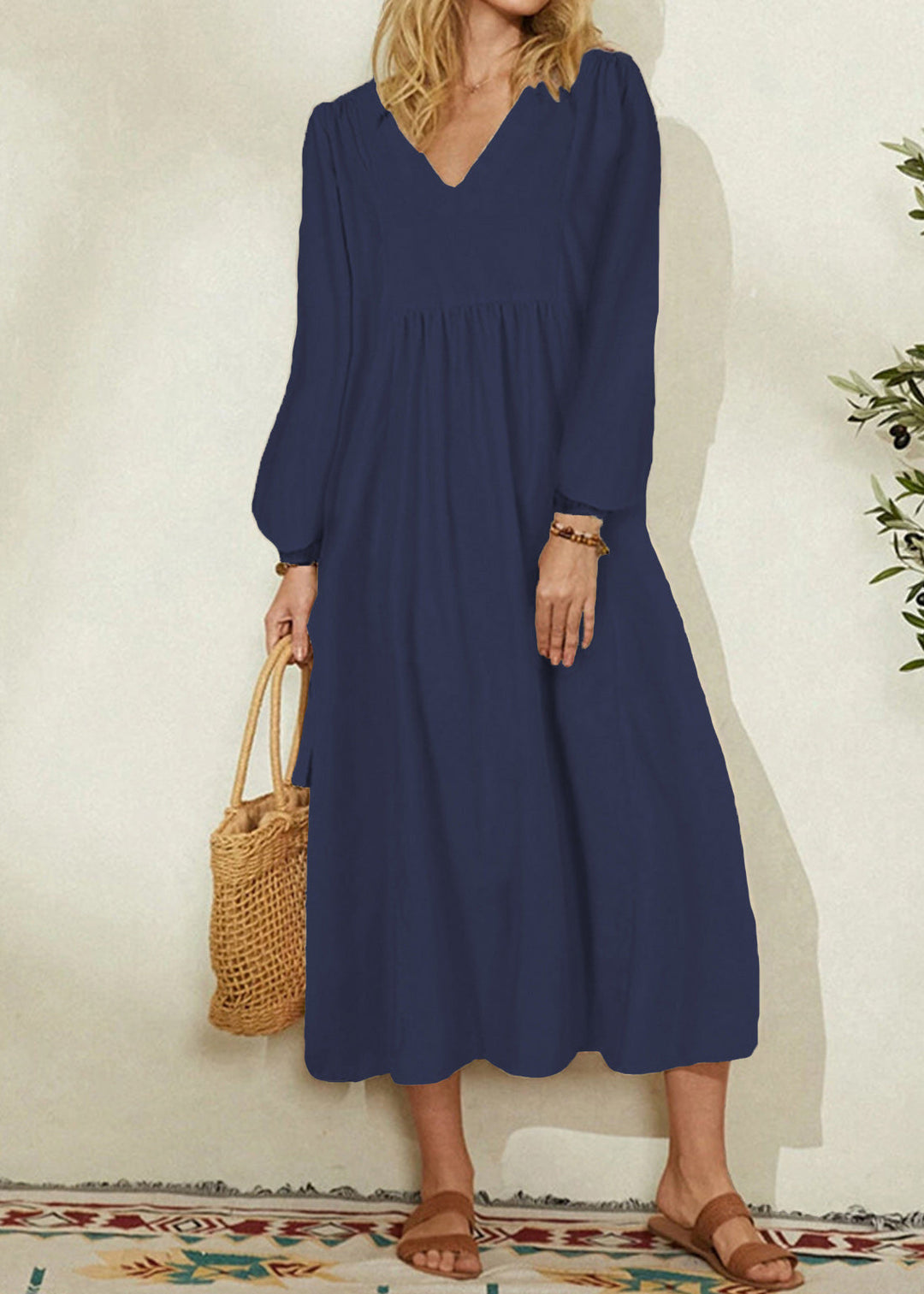 2024 Women's Orange Cotton Linen Loose Balloon Sleeve Dress