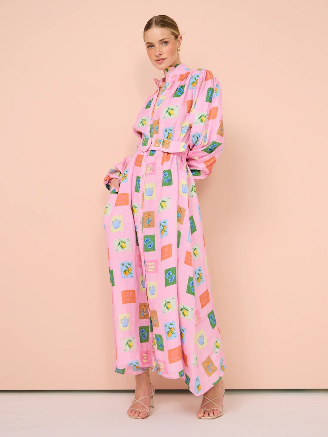 Pink Long Cardigan Casual Fashion Printed Shirt Lantern Sleeve