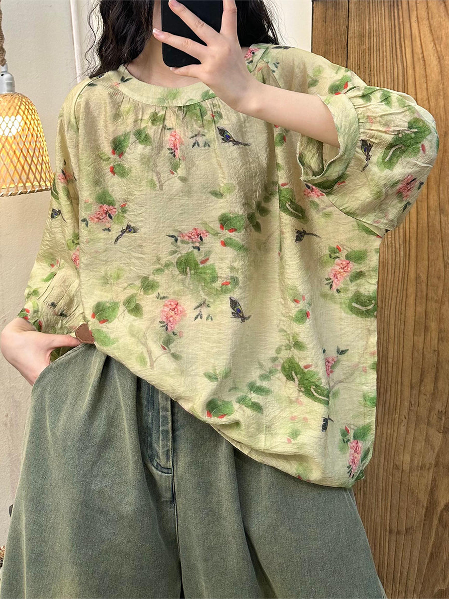 Summer Casual Flower Loose Shirt Batwing Sleeve