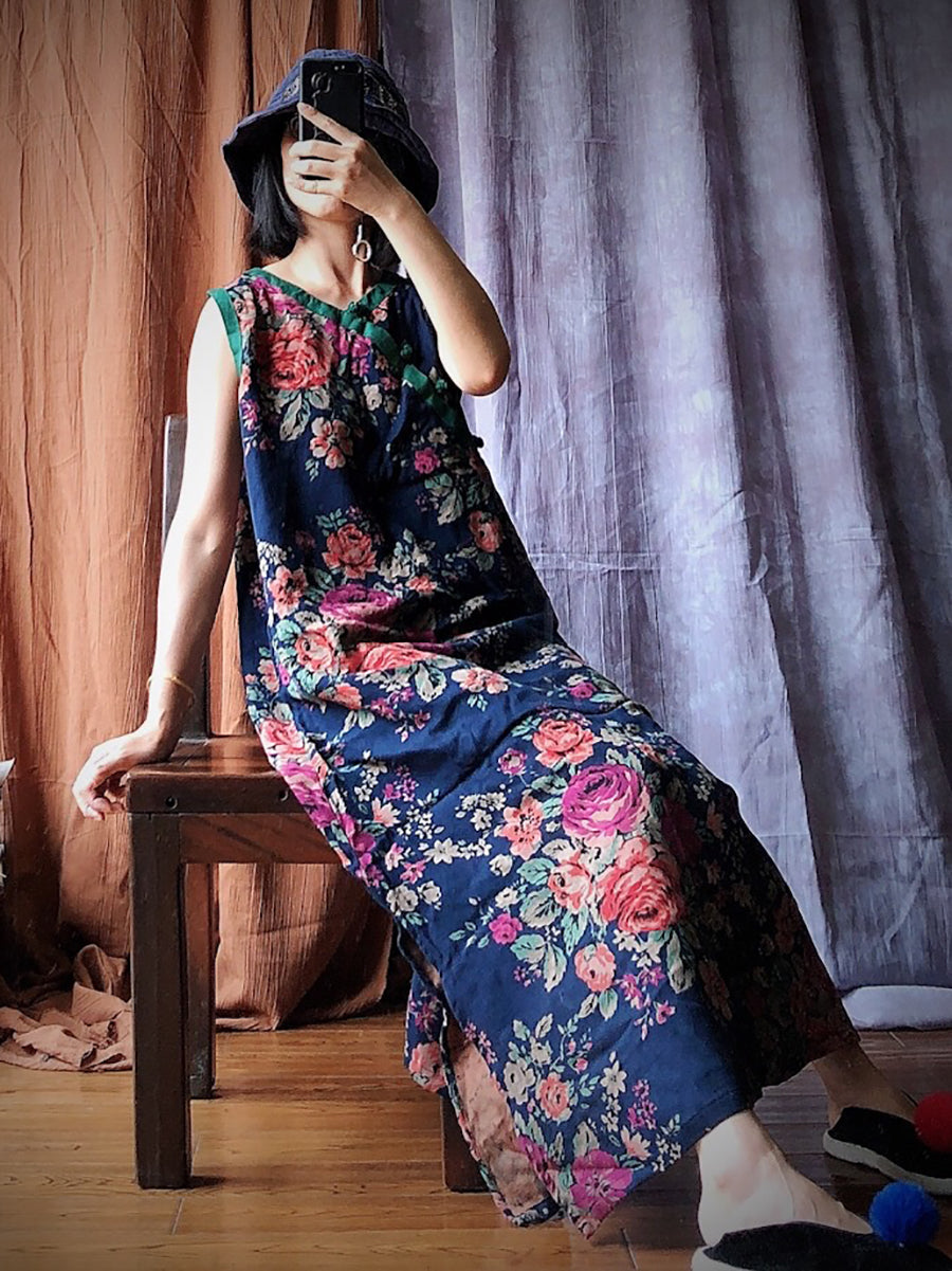 Vintage Blue Flower Spliced Robe Vest Dress