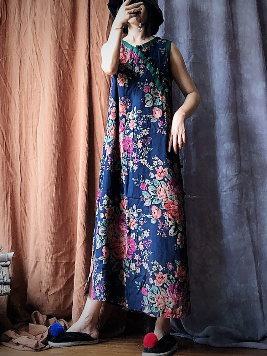 Vintage Blue Flower Spliced Robe Vest Dress