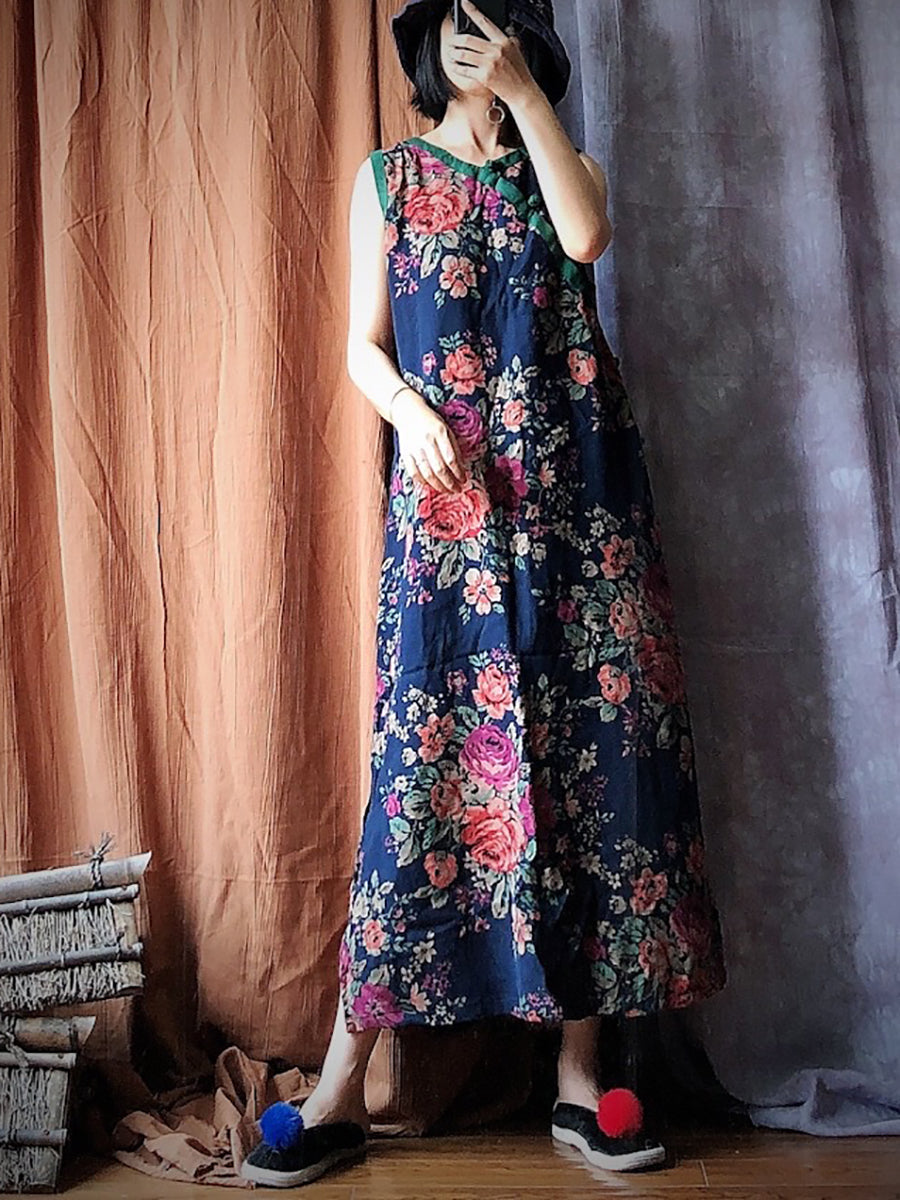 Vintage Blue Flower Spliced Robe Vest Dress