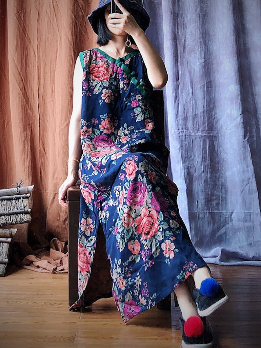 Vintage Blue Flower Spliced Robe Vest Dress