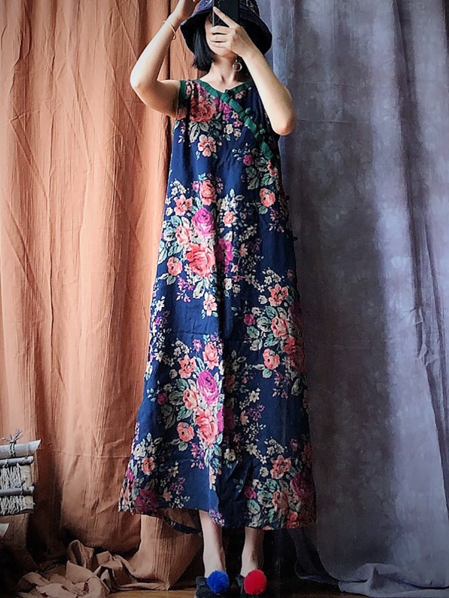 Vintage Blue Flower Spliced Robe Vest Dress