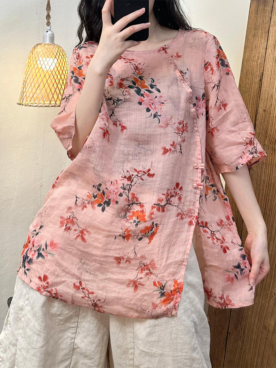 Pink Vintage Flower Split Hem Ramie Shirt Half Sleeve