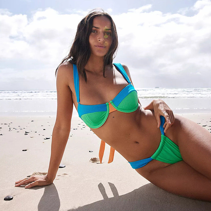 Blue Green Patchwork Contrasting Pit Stripe Bikini