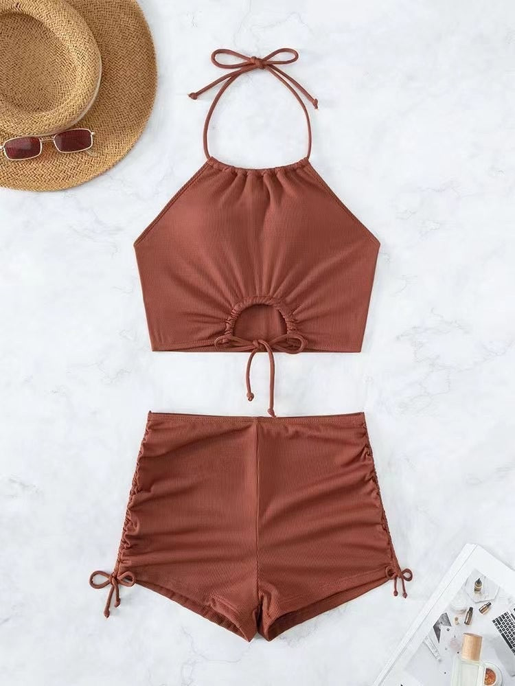 Solid Color Sexy Halter Neck High Waist String Stretch Bikini Swimsuit