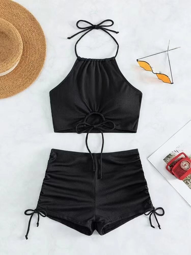 Solid Color Sexy Halter Neck High Waist String Stretch Bikini Swimsuit