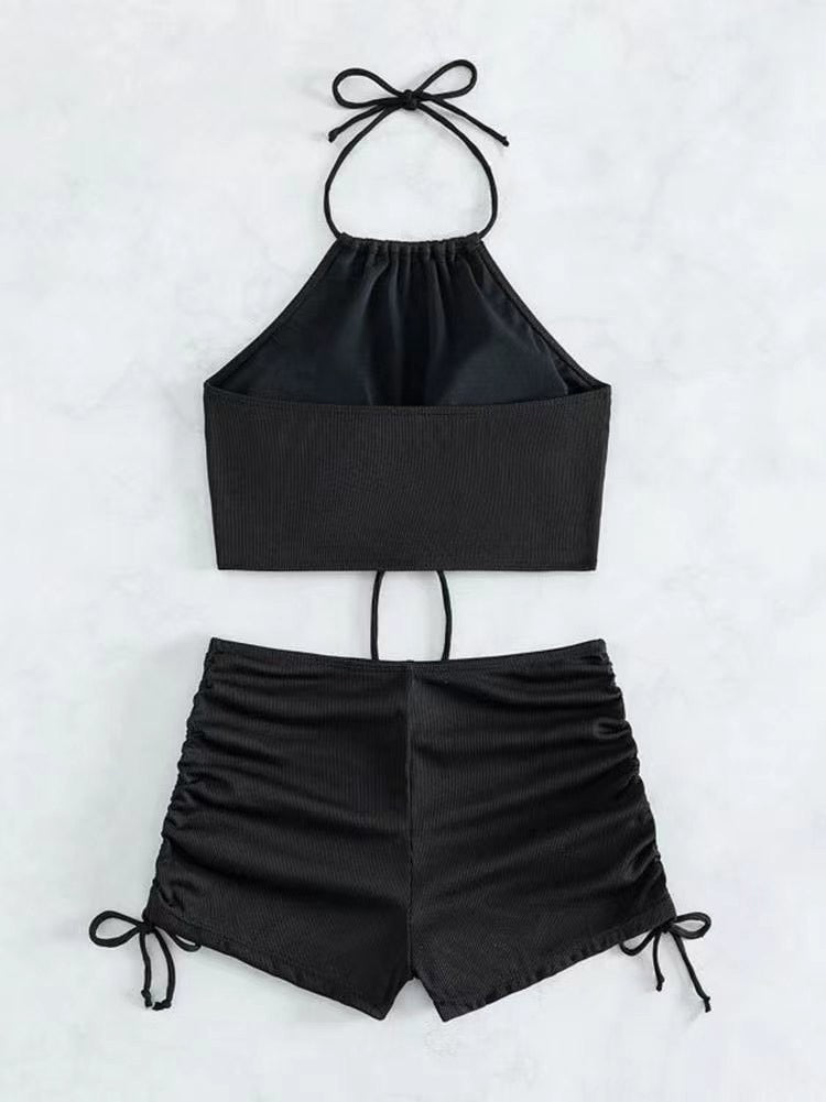 Solid Color Sexy Halter Neck High Waist String Stretch Bikini Swimsuit