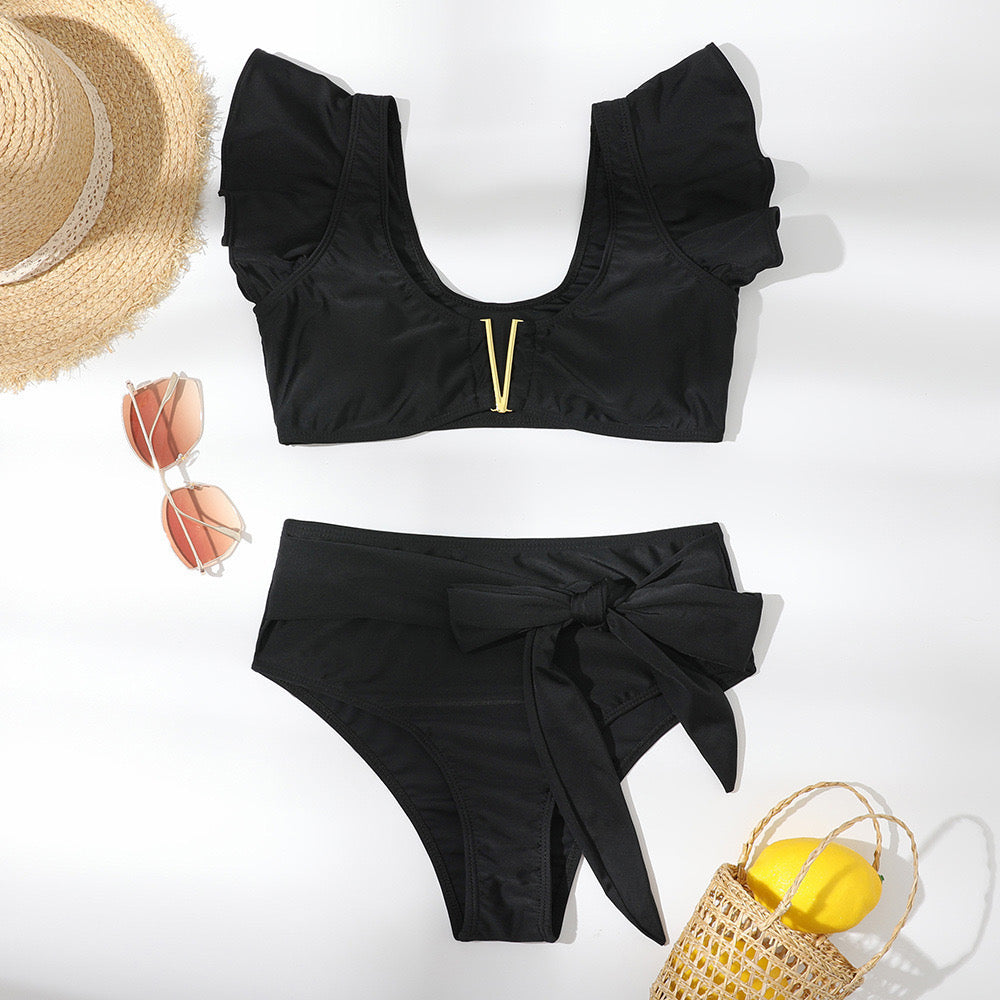 Summer Black Bound Soon Ruffle Bikini Swimsuit