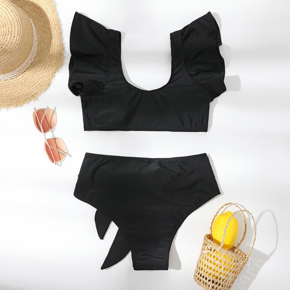 Summer Black Bound Soon Ruffle Bikini Swimsuit