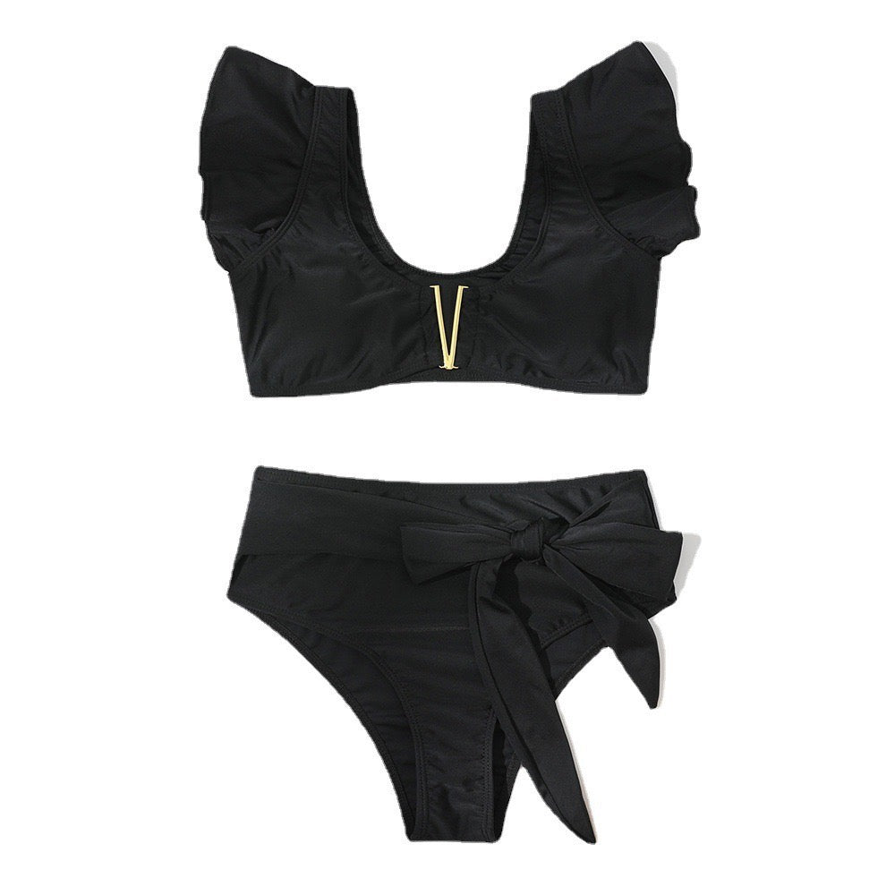 Summer Black Bound Soon Ruffle Bikini Swimsuit