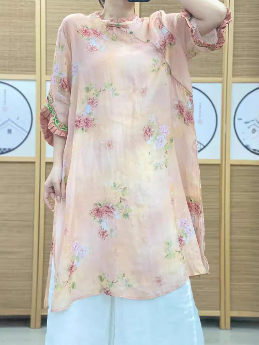 Summer Floral Spliced Split Hem Ramie Long Tops Half Sleeve